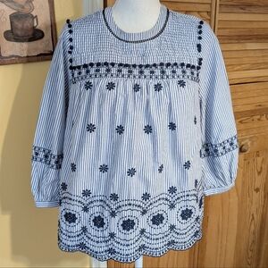 CROWN & IVY Blue & White Embroidered & Pompom Blouse Scalloped Hem M Medium